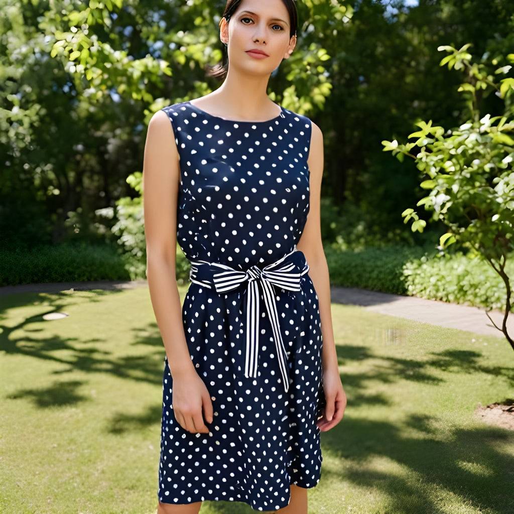 Jessica Howard sleeveless navy and white polka dot mini dress size 12, styled outdoors, available at Margaret’s Fine Consignments.
