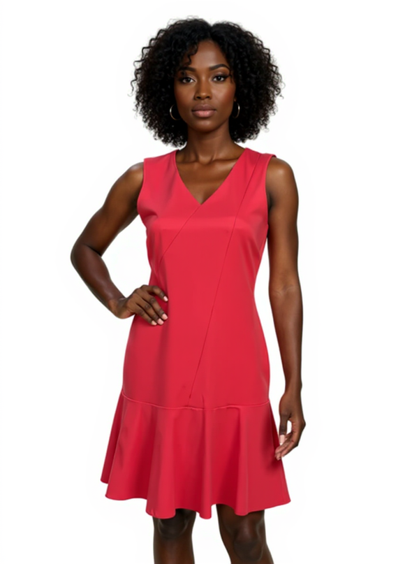 Calvin Klein Coral Pre-Owned Ladies Dress - Size 2 modeled on a woman, featuring a sleeveless V-neck and flounce hem, ideal for cocktail events.