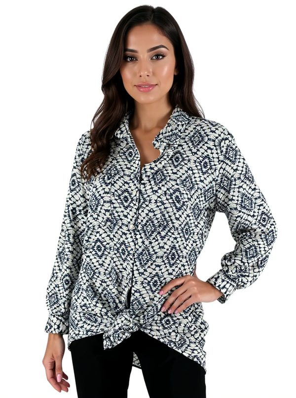 Four Dreamers White/Blue Print Pre-Owned Ladies Top - Size Medium