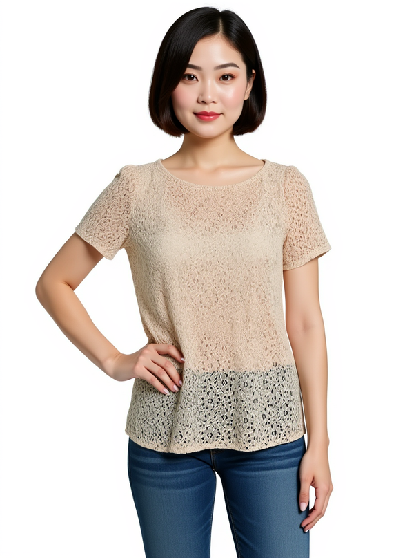 41 Hawthorn Beige Lace Pre-Owned Ladies Top - Size XS worn by model, featuring cap sleeves and delicate lace overlay, ideal for office or casual wear.