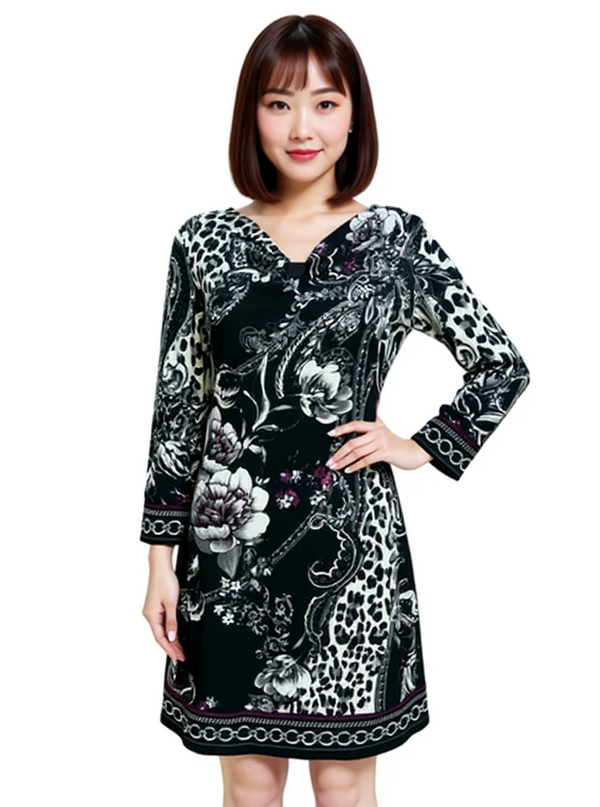 White House Black Market floral paisley border print surplice dress in black, white, and purple, modeled with 3/4 sleeves and knee length, size M.