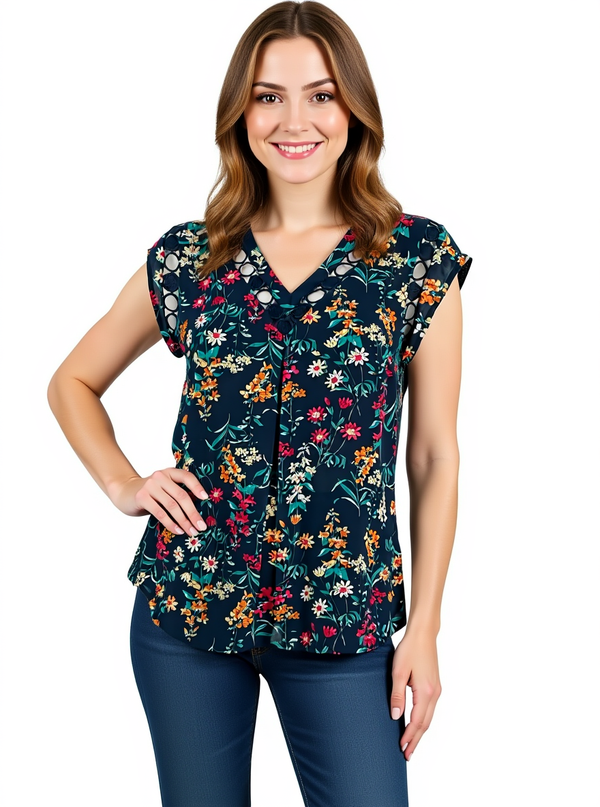 Daniel Rainn Floral Crochet Trim Sleeveless Blouse Top Size Small styled on model with navy base and multicolor floral print, ideal for workwear or casual looks.