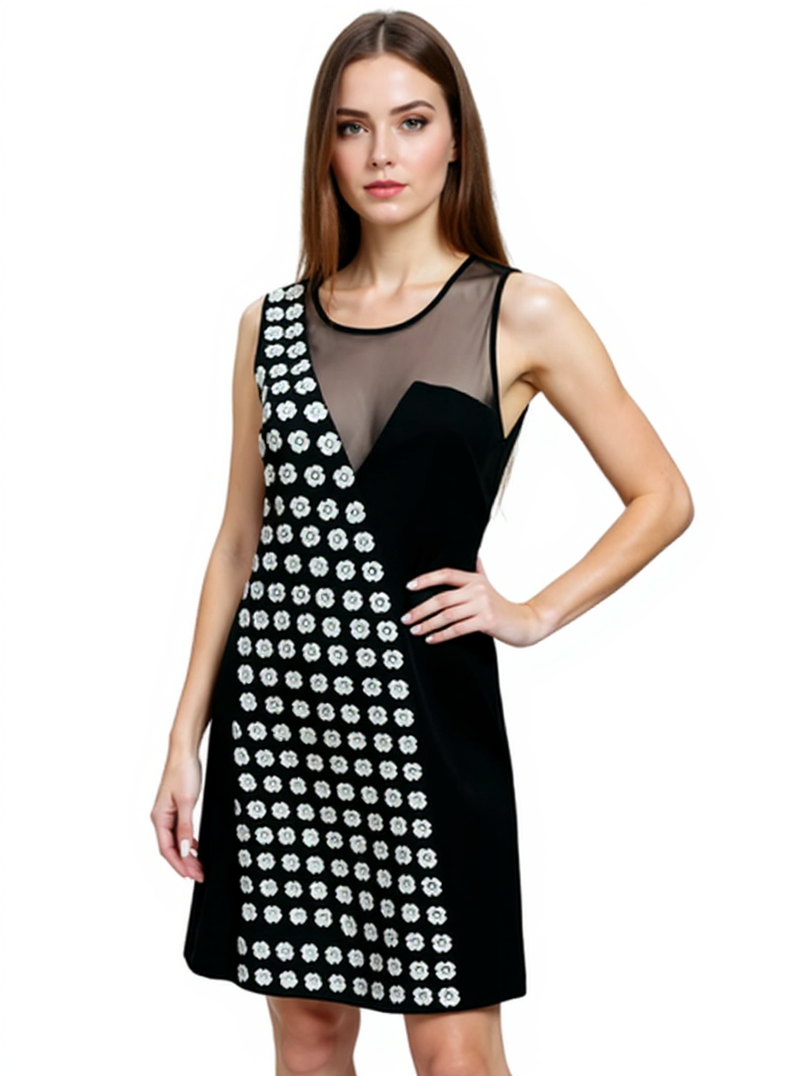 Sachin & Babi Black/White Floral Pre-Owned Ladies Dress - Size 8 modeled front view with mesh yoke and floral appliqué on A-line silhouette.