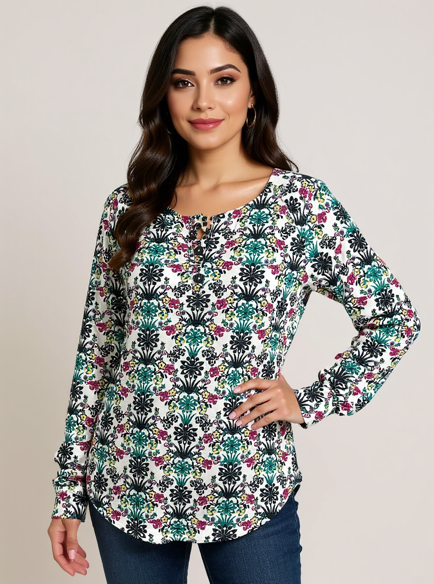 Talbots white and multi floral casual top for ladies, size large, featuring a vibrant floral pattern on a soft fabric.