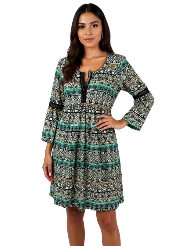 Espresso Tan/Black/Teal Floral Pre-Owned Ladies Dress - Size Small