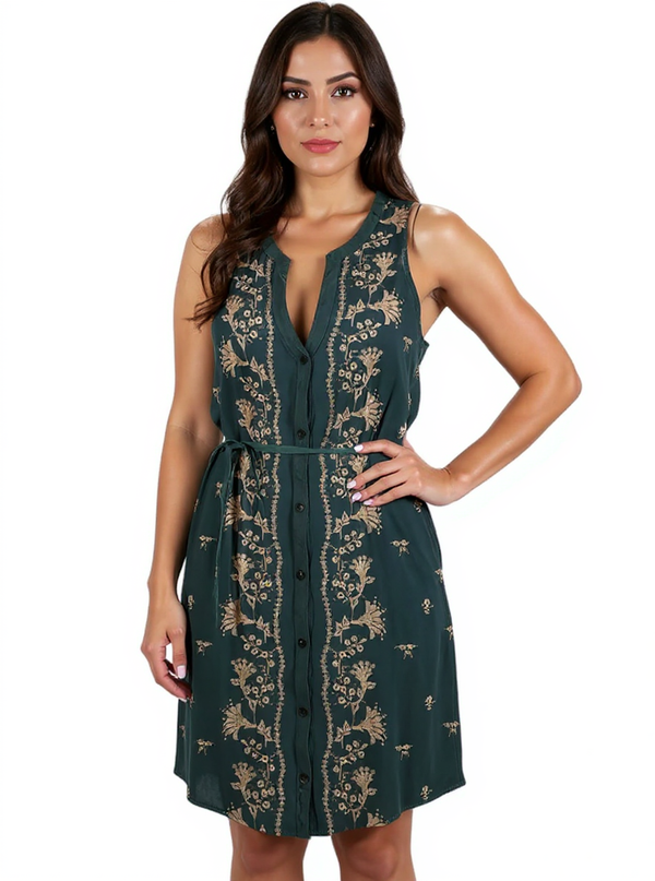 Tiny Green/Tan Floral Pre-Owned Ladies Dress - Size Medium