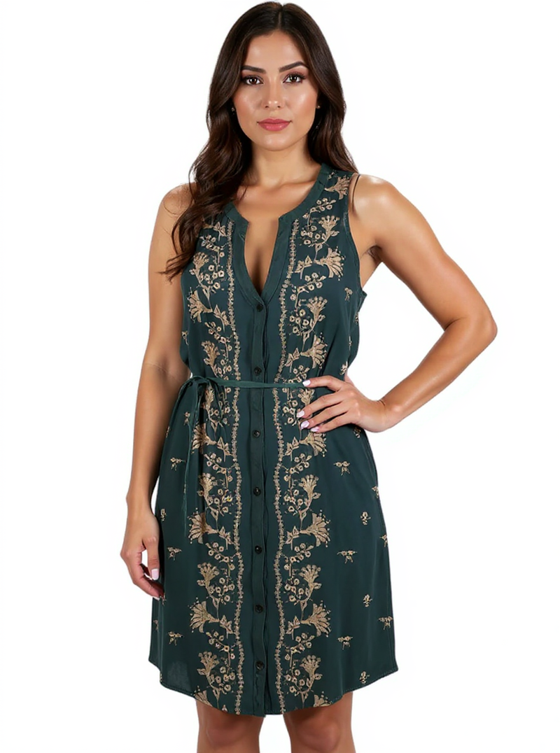 Tiny Green/Tan Floral Pre-Owned Ladies Dress - Size Medium