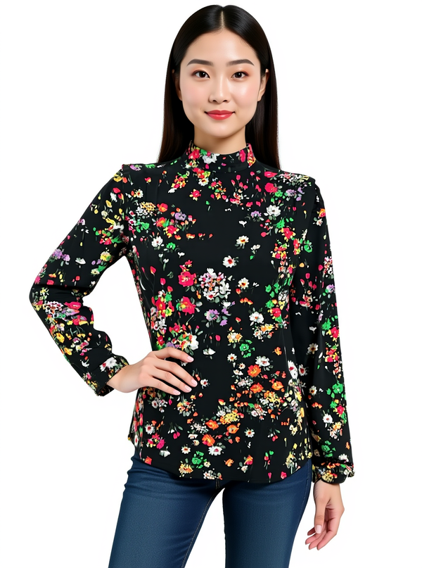 H&M Black Multi Floral Long Sleeve Blouse in size XS modeled for a casual bohemian look. Features vibrant floral print on black fabric.