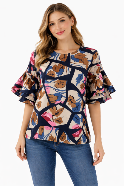 Jade Navy/White/Pink/Brown Print Pre-Owned Ladies Top - Size Medium