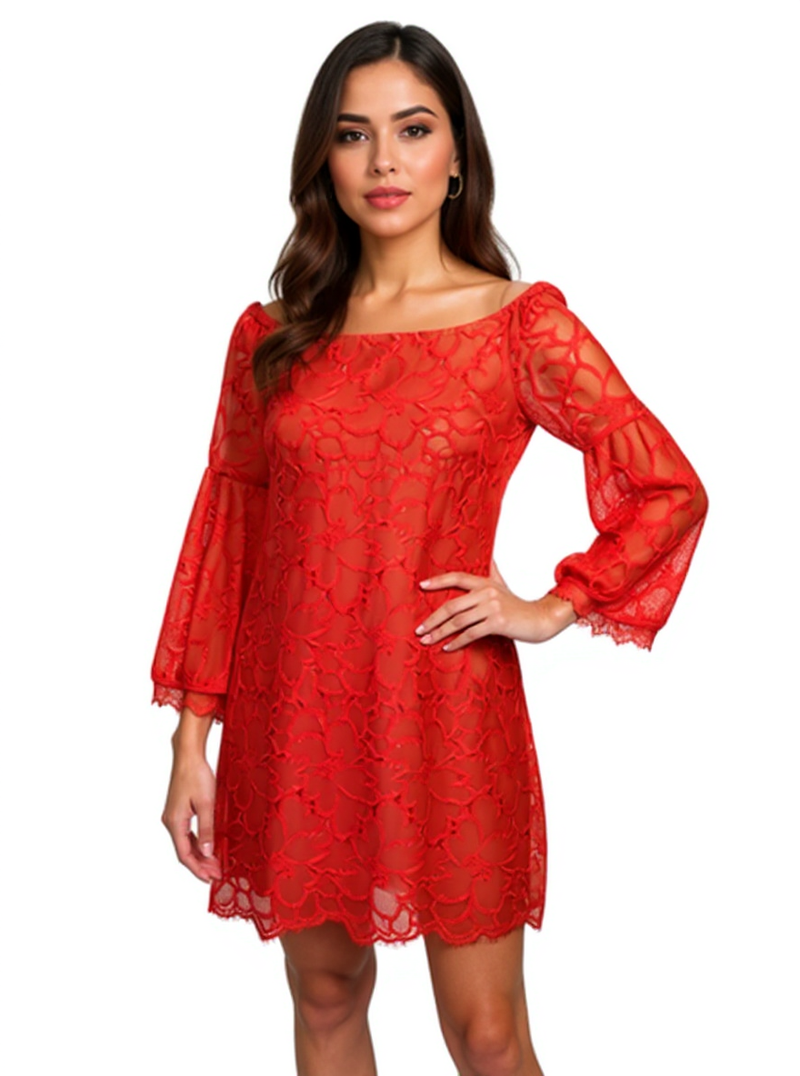 Trina Turk orangish/red lace off the shoulder dress with bell sleeves, worn by model. Size 2, ideal for cocktail or party wear.