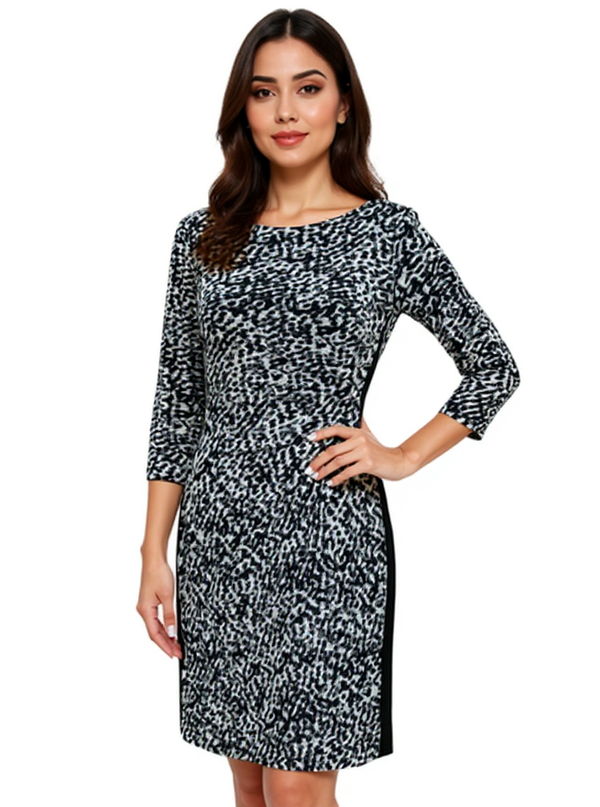 Ralph Lauren Black/White Animal Pre-Owned Ladies Dress in size 8 with 3/4 sleeves and ruched waist, modeled front view for office or evening wear.