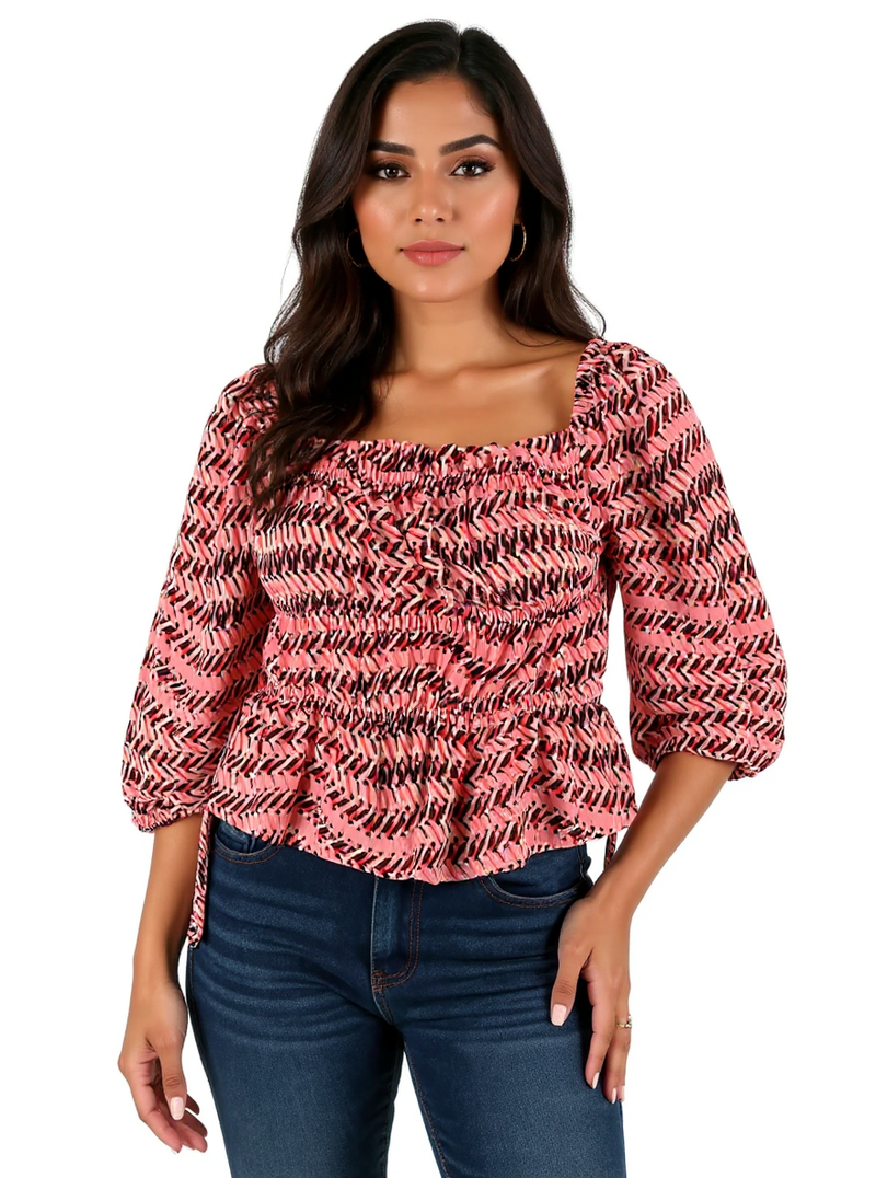 Open Edit Pink/Brown Print Pre-Owned Ladies Top - Size Small