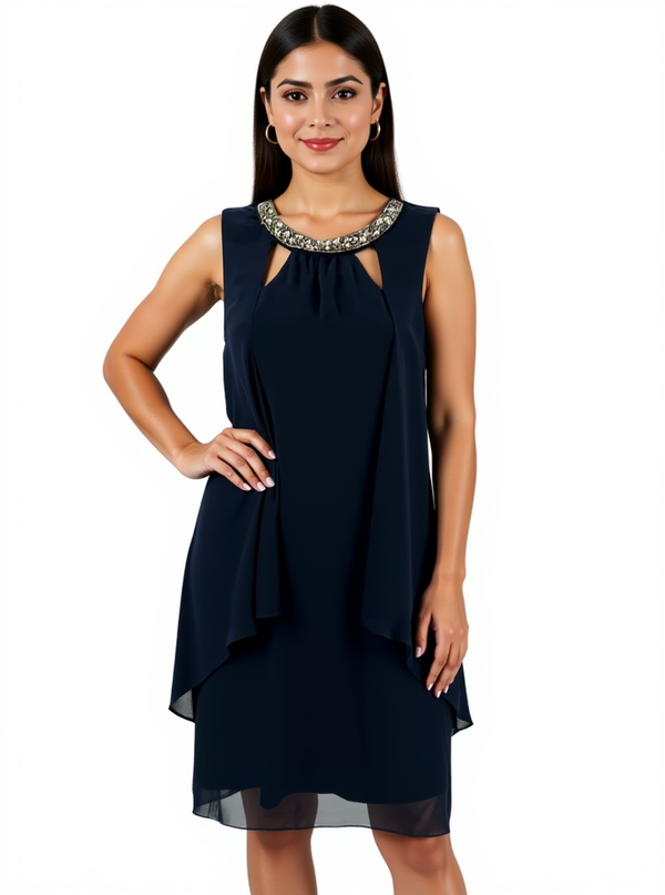 SLNY navy solid sleeveless popover dress with beaded neckline, size 10, modeled for formal or cocktail occasions.