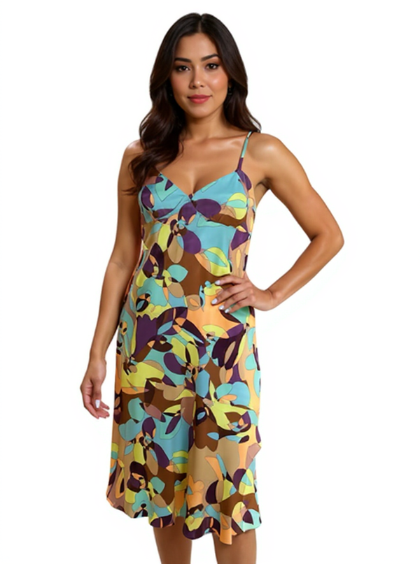 Express Brown/Multi Print Pre-Owned Ladies Dress - Size 3/4 modeled front view. Features Y2K abstract floral print, V-neck, and spaghetti straps.