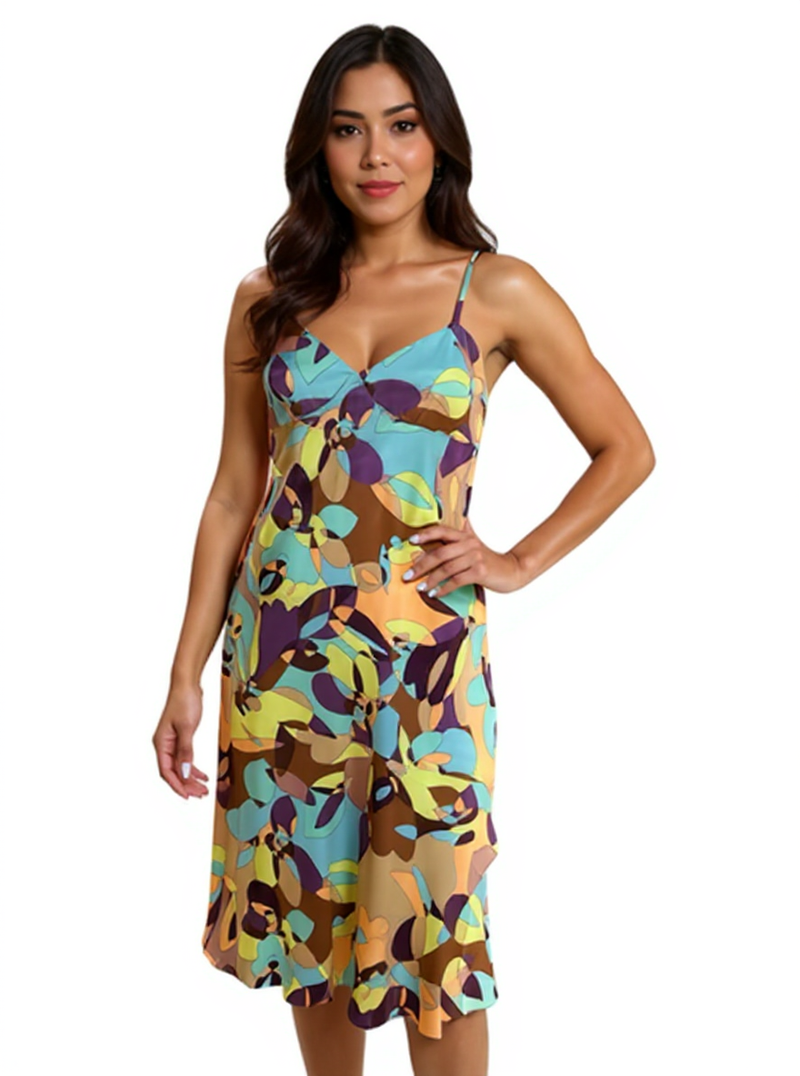 Express Brown/Multi Print Pre-Owned Ladies Dress - Size 3/4 modeled front view. Features Y2K abstract floral print, V-neck, and spaghetti straps.