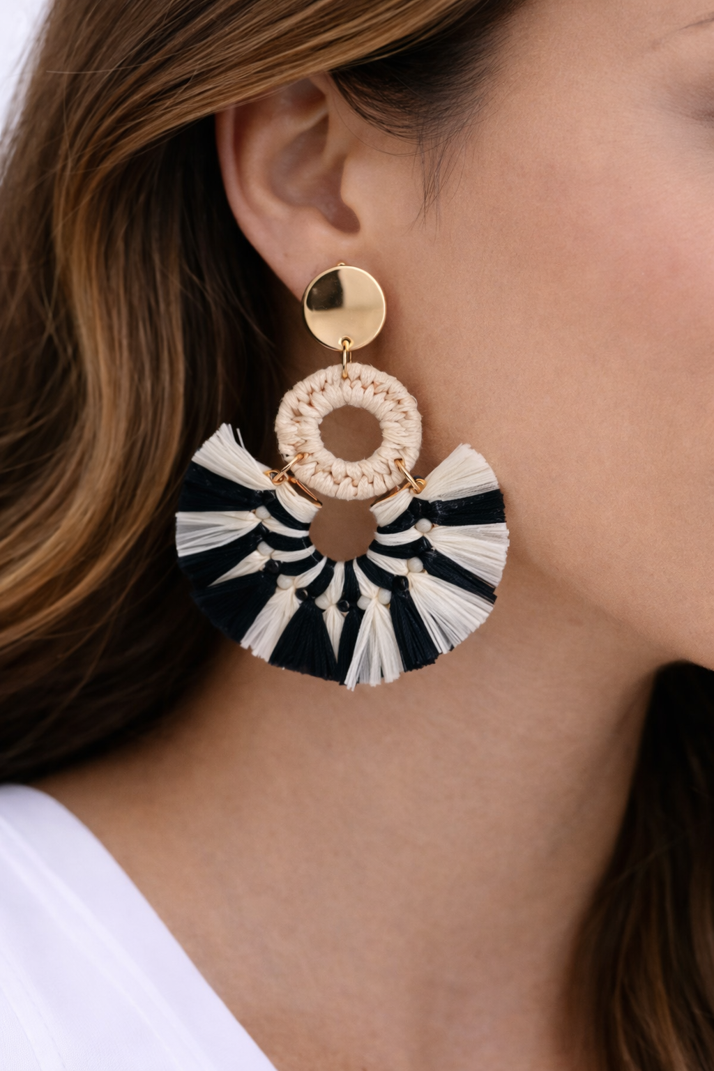 Black &amp; White Tassel Fan Raffia Drop Earrings - Margaret’s Fine Consignment
