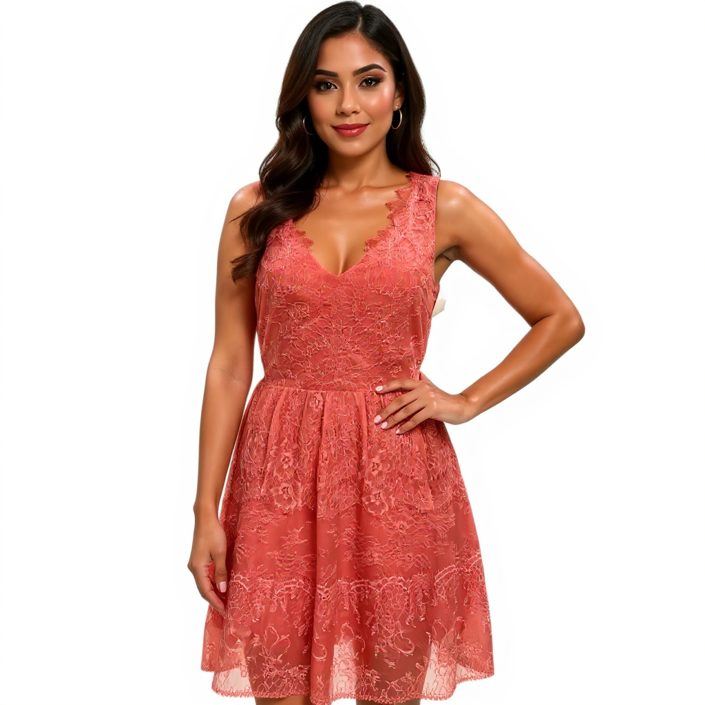 BCBG coral lace ladies dress in size medium, featuring intricate lace details and a flattering silhouette.