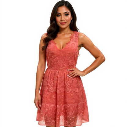 BCBG coral lace ladies dress in size medium, featuring intricate lace details and a flattering silhouette.