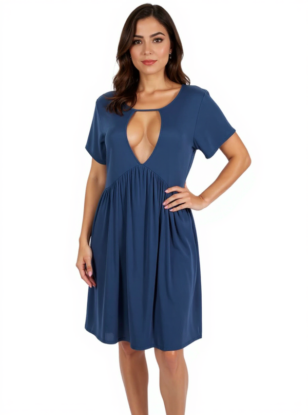 Derek Heart Blue Solid Pre-Owned Ladies New With Tags Dress - Size Large modeled front view showing keyhole cutout and swing silhouette.