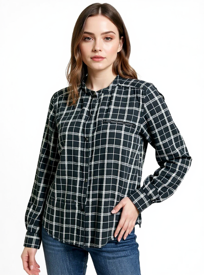 Calvin Klein black and white plaid casual top for women in size large, featuring a relaxed fit and stylish design.