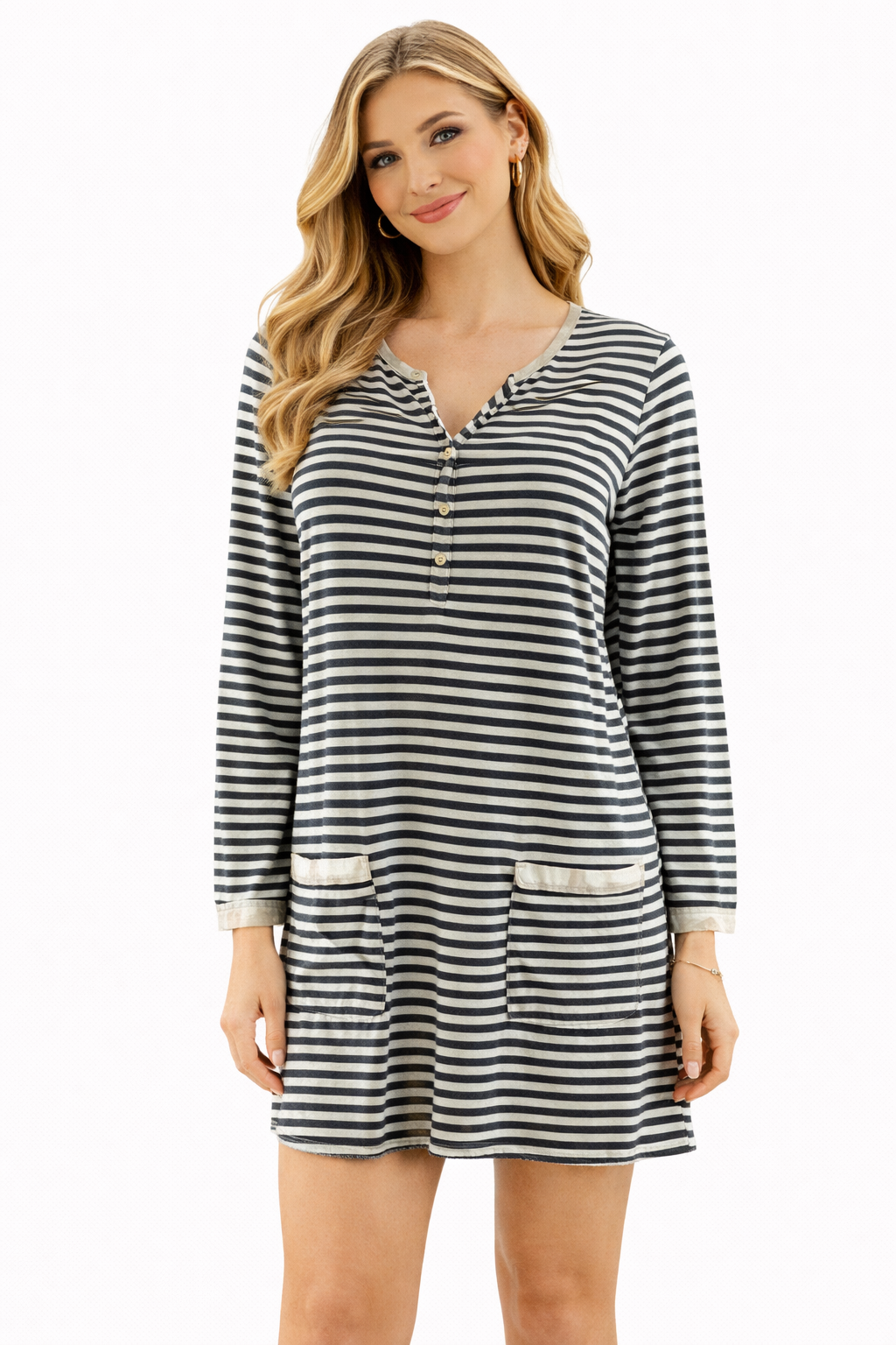 J Crew White/Gray Stripe Pre-Owned Ladies Dress - Size Small