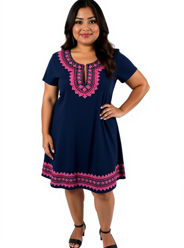 Vineyard Vines Navy/Pink Embroidered Pre-Owned Ladies Dress Size 10 modeled, featuring pink and blue geometric embroidery on a tunic shift silhouette.