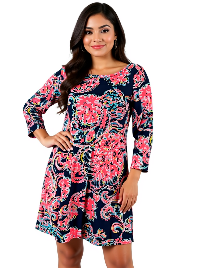 Lilly Pulitzer Pink/Navy/White Print Pre-Owned Ladies Dress - Size Medium