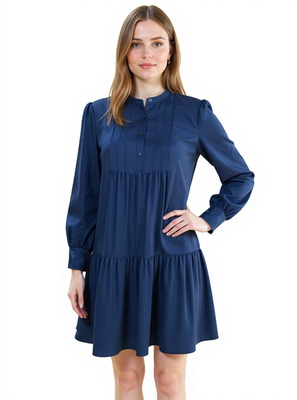 Halogen Navy Pre-Owned Ladies Dress - Size XXS Petite styled on model, featuring tiered pintuck design, bishop sleeves, and flowy shift silhouette.