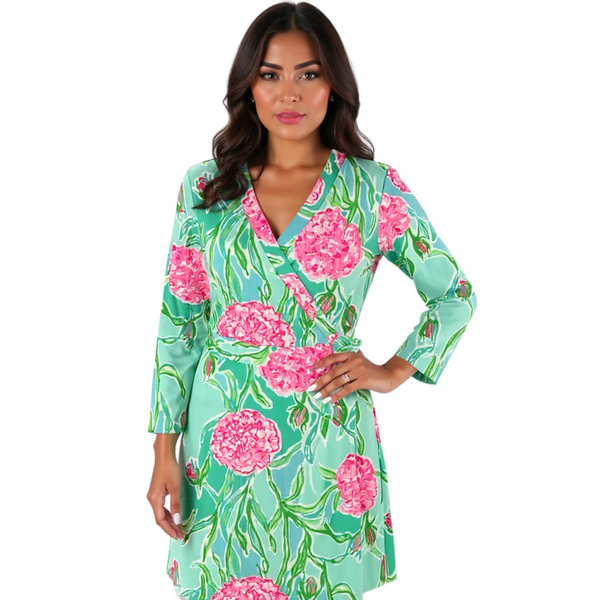 Lilly Pulitzer Aqua/Green/Pink Floral Ladies Pre-Owned Dress - Size Medium