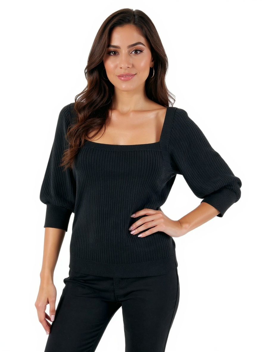Paige black ribbed top with square neck, balloon sleeves, and pullover style, size large, new with tags.