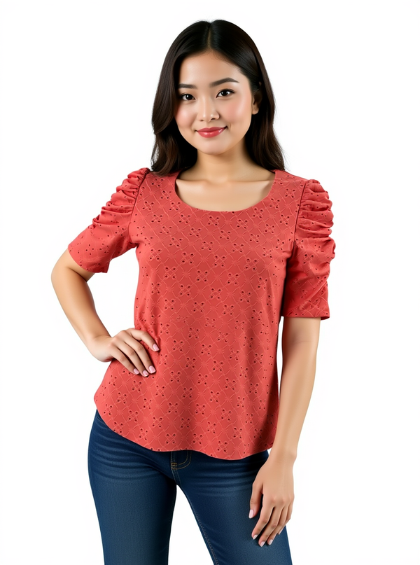 CeCe Coral Pre-Owned Ladies Top - Size XS styled on model with puff sleeves and scoop neck, perfect for casual or office wear.