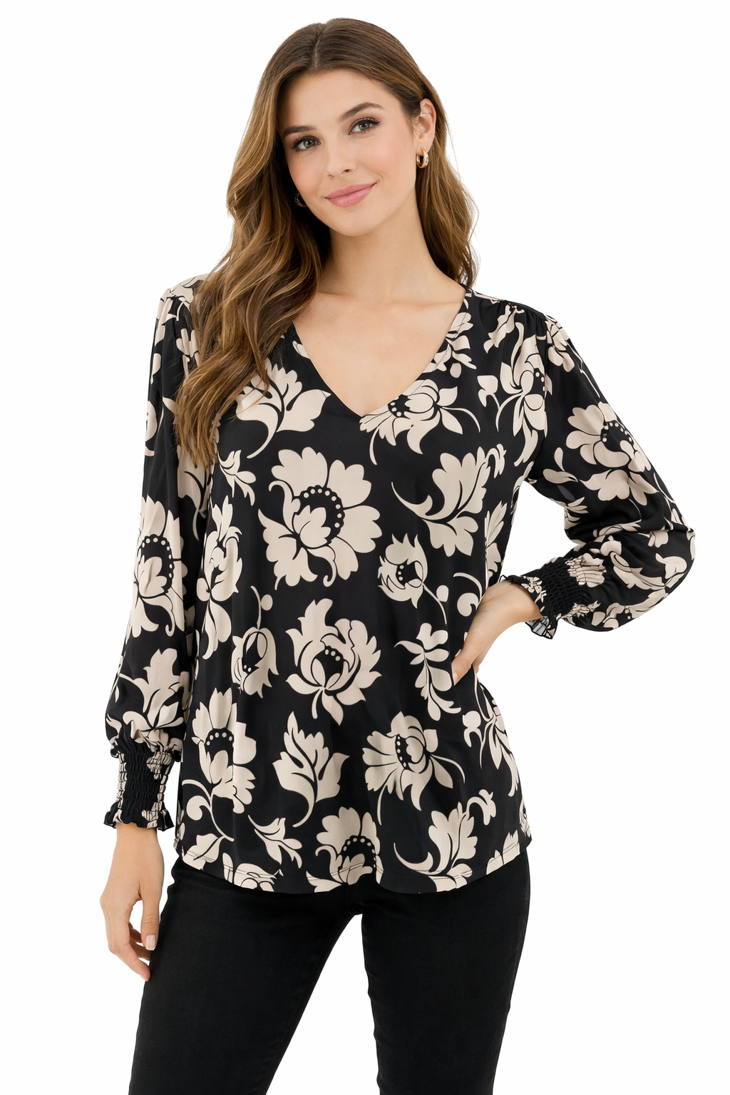 Ann Taylor Gray/Cream Floral Pre-Owned Ladies Top - Size Medium Petite - Margaret’s Fine Consignment