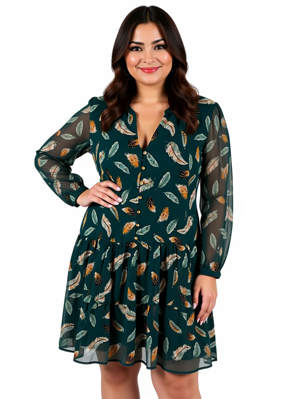 Loft Teal/Tan Feathers Pre-Owned Ladies Dress - Size XL