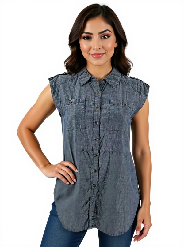 Workshop Blue Solid Pre-Owned Ladies Top - Size Small modeled front view. Sleeveless chambray tunic with button-down front and chest pockets.