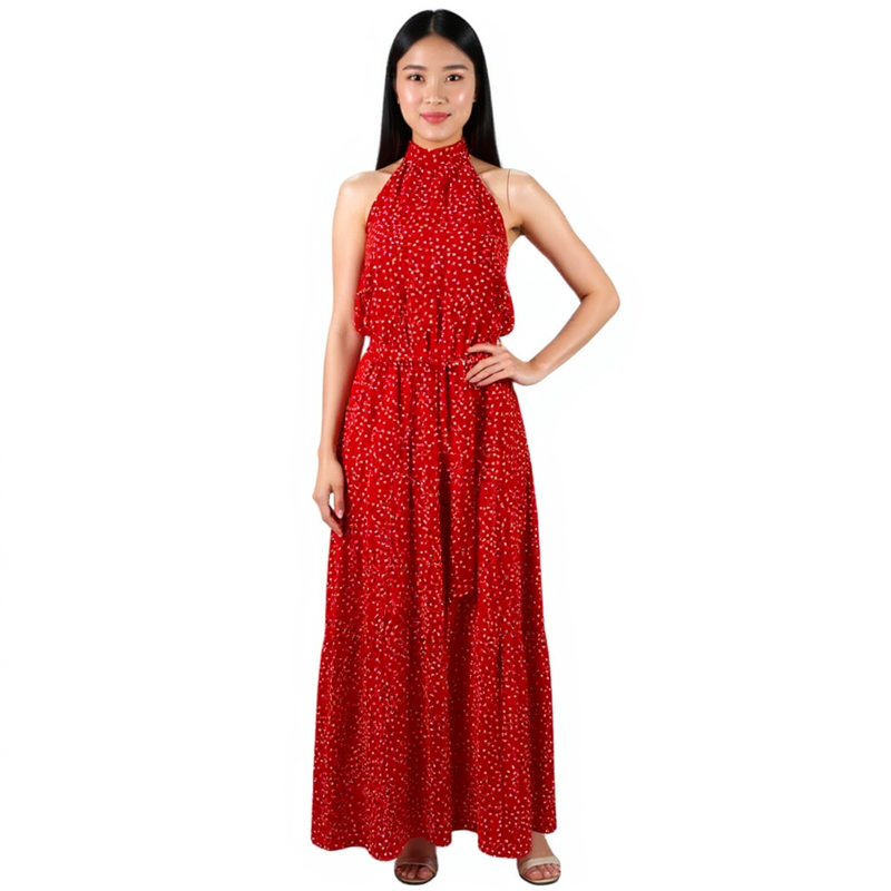 Red White Polka Dot Halter Pre-Owned Ladies Maxi Dress – Size Small