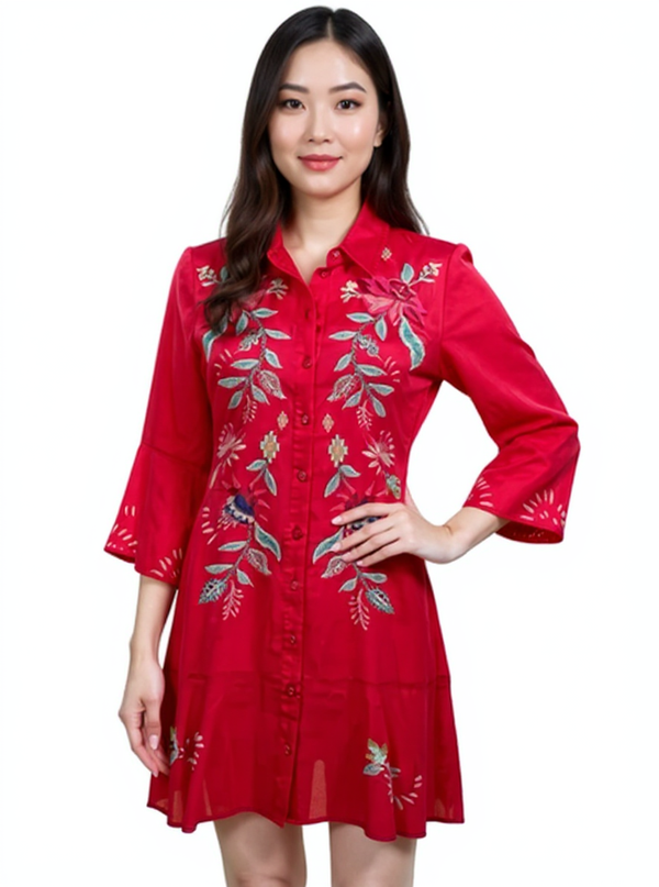 Johnny Was Red Embroidered Pre-Owned Ladies Dress - Size XS