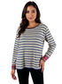Cabi pre-owned ladies pullover top in tan and blue stripes, size medium, featuring a casual nautical style.