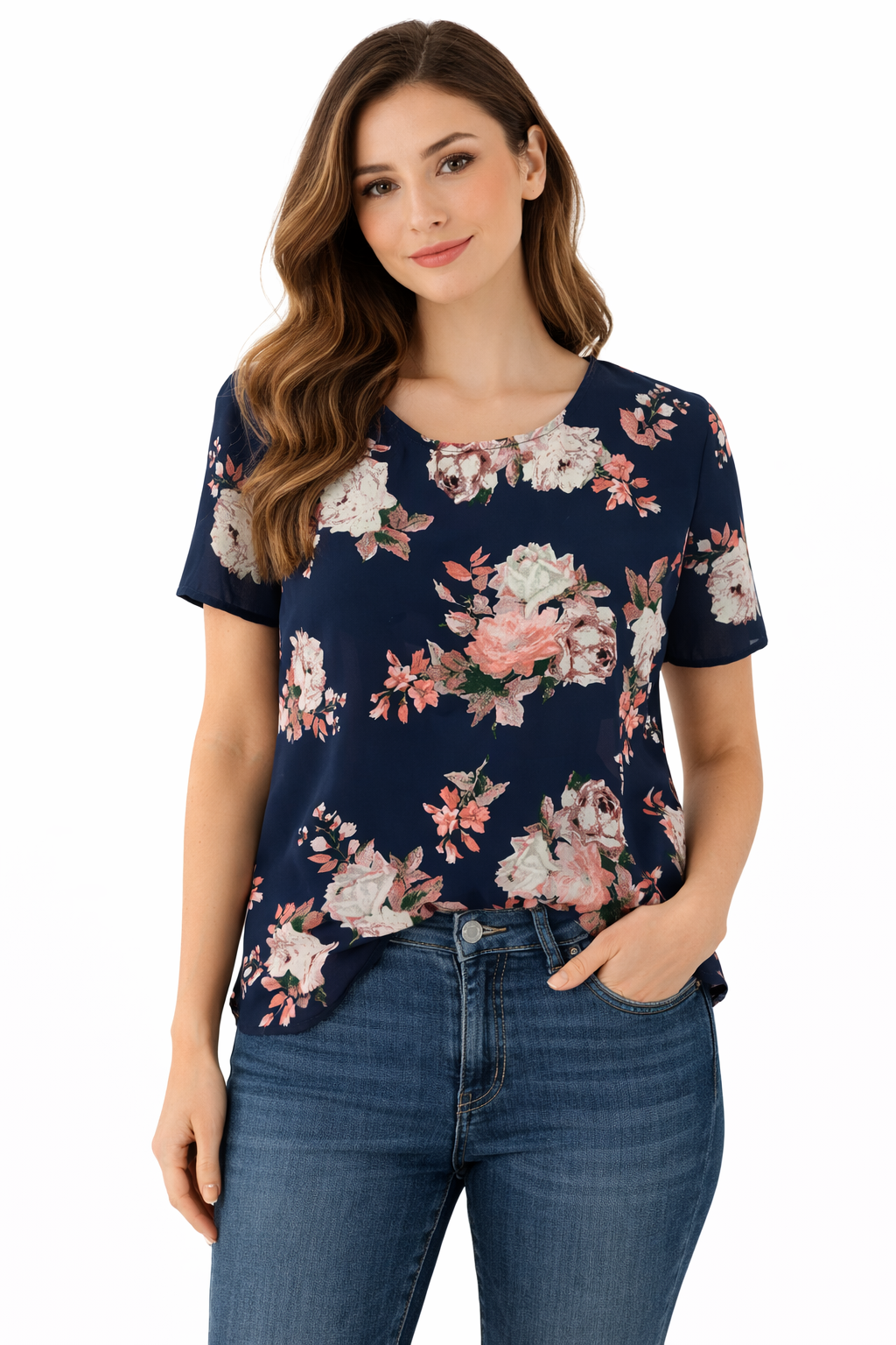 Chelsea &amp; Theodore Navy/Multi Floral Pre-Owned Ladies Top - Size Medium