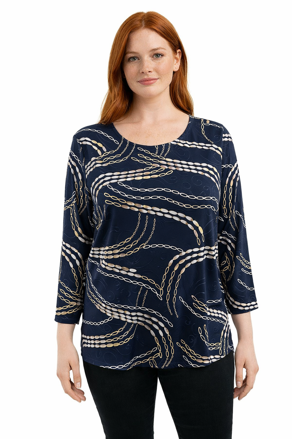 JM Collection Navy/Tan Pre-Owned Ladies Casual Top -  Size Large Petite