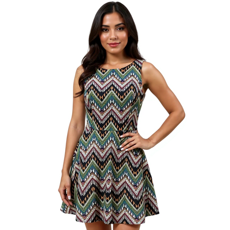 Lush Navy/Multi Chevron Ladies Pre-Owned Dress - Size Small
