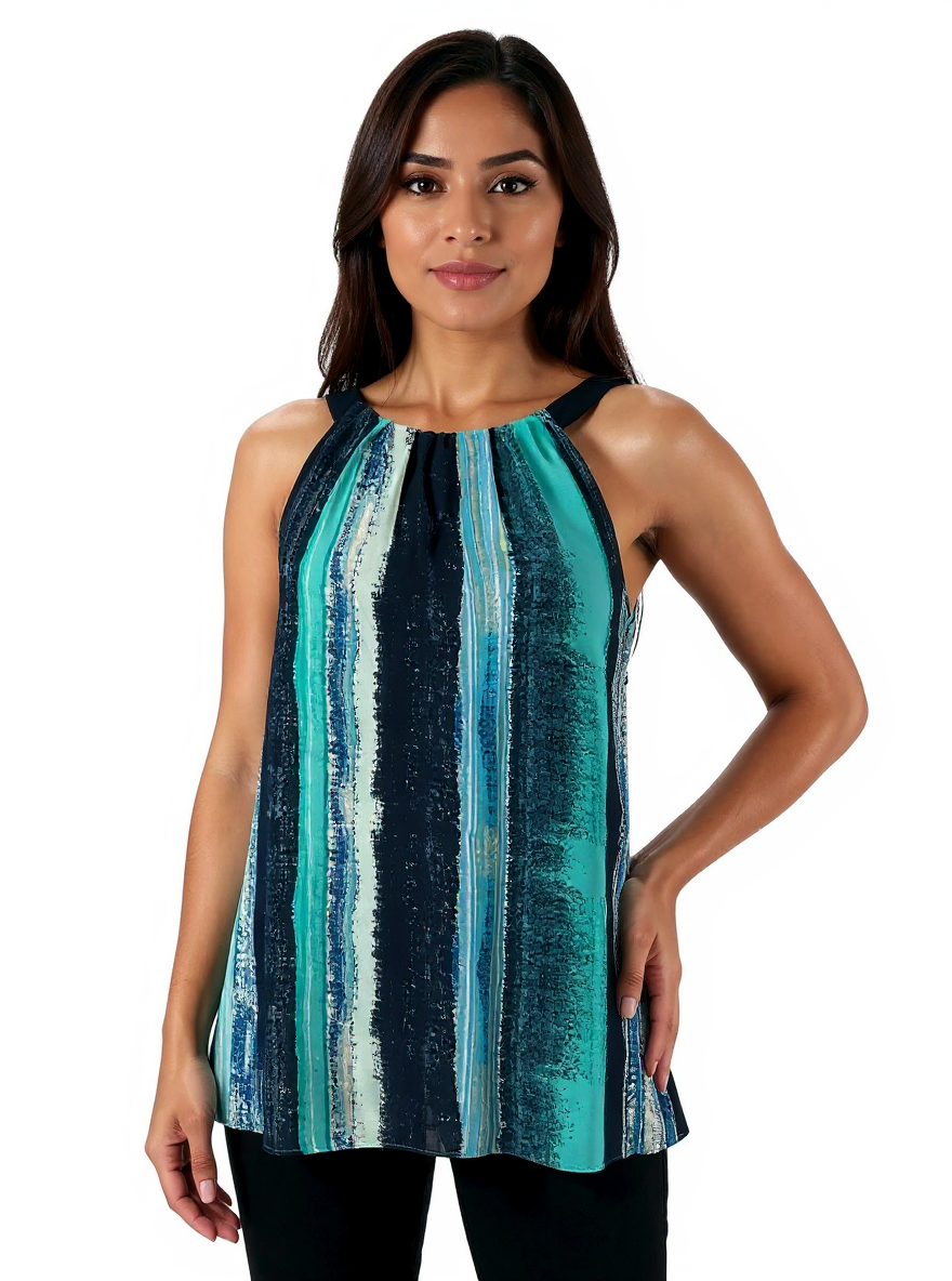 Ann Taylor navy and turquoise print sleeveless halter tunic top with tie-shoulder, relaxed fit, and scoop neck in size 6.