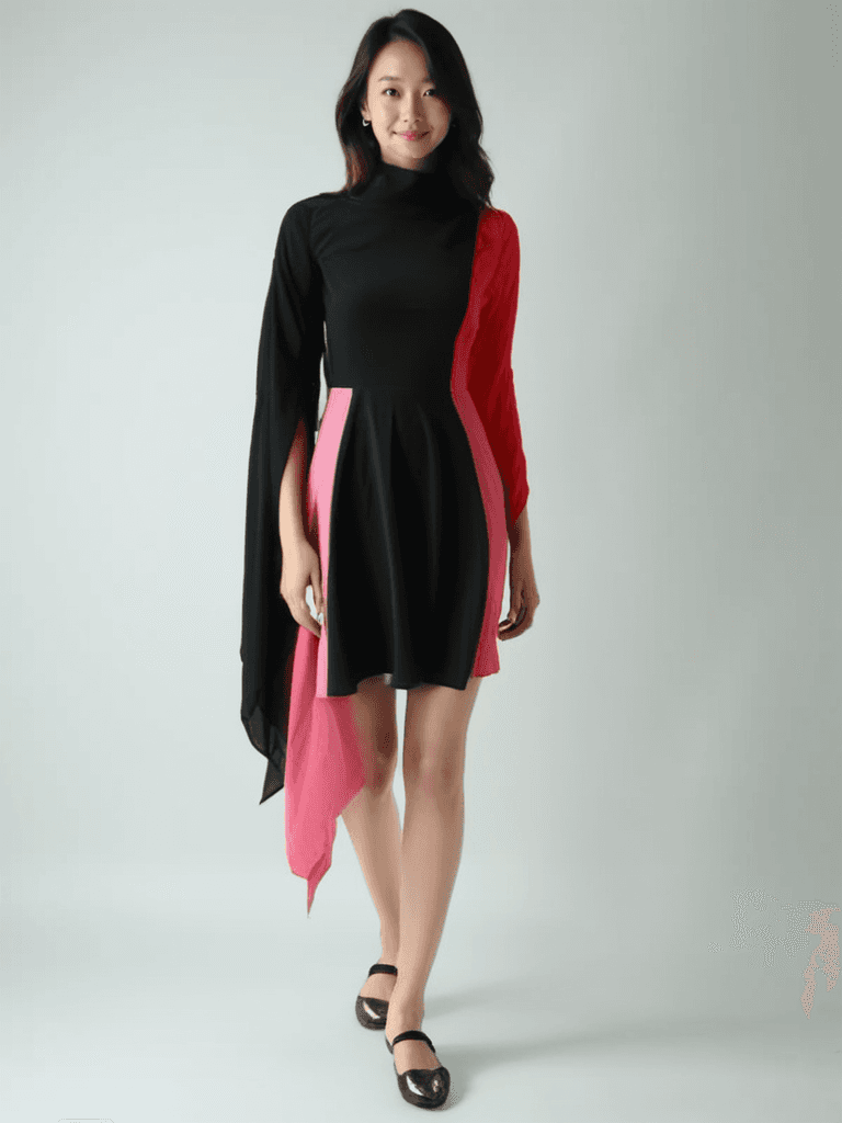 Model wearing ONE33 Social Black/Orange Dress Size 0 with asymmetrical color block design and flowing sleeves, available at Margaret’s Fine Consignments.