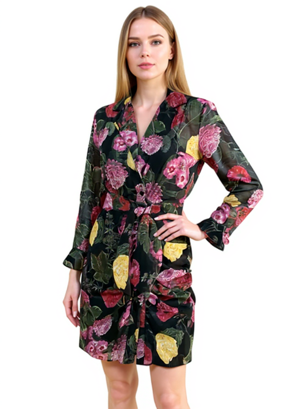 Rachel Roy black/yellow/purple floral wrap dress in size small, featuring a V-neck, long sleeves, and mini fit & flare silhouette on model.