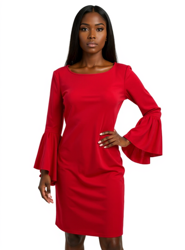 Frank Lyman red double bell sleeve sheath dress in size 8, modeled to show flattering fit and elegant party-ready silhouette.