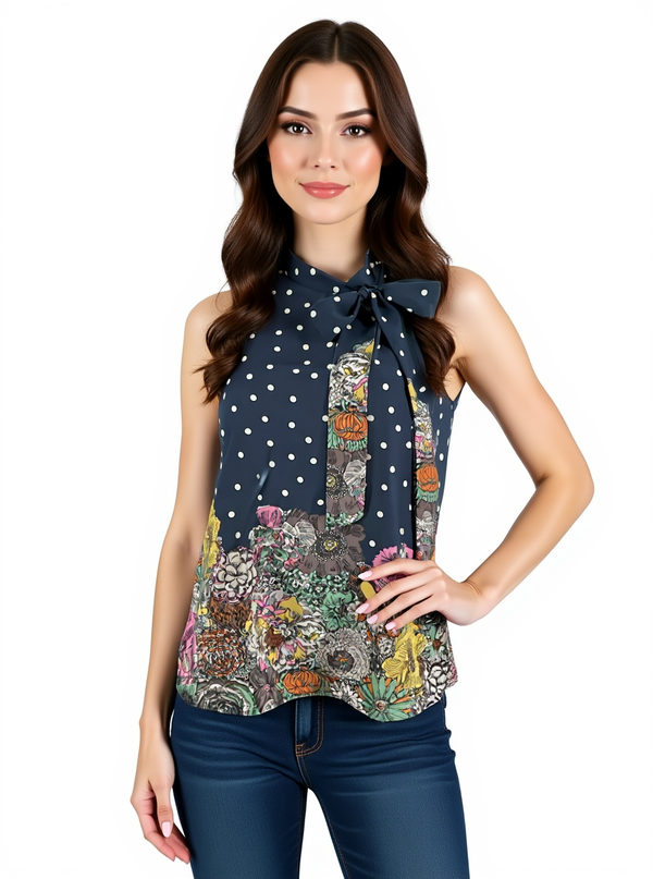Les Amis blue and tan polka dot sleeveless blouse with floral border, tie-neck, and keyhole back, modeled in size small for casual or workwear.