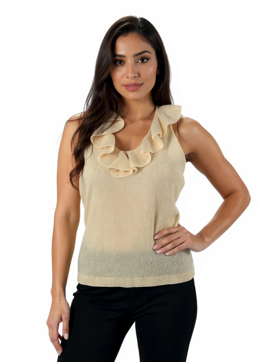 Ann Taylor cream sleeveless top with ruffle neck, classic business casual style, size small, pre-owned condition.