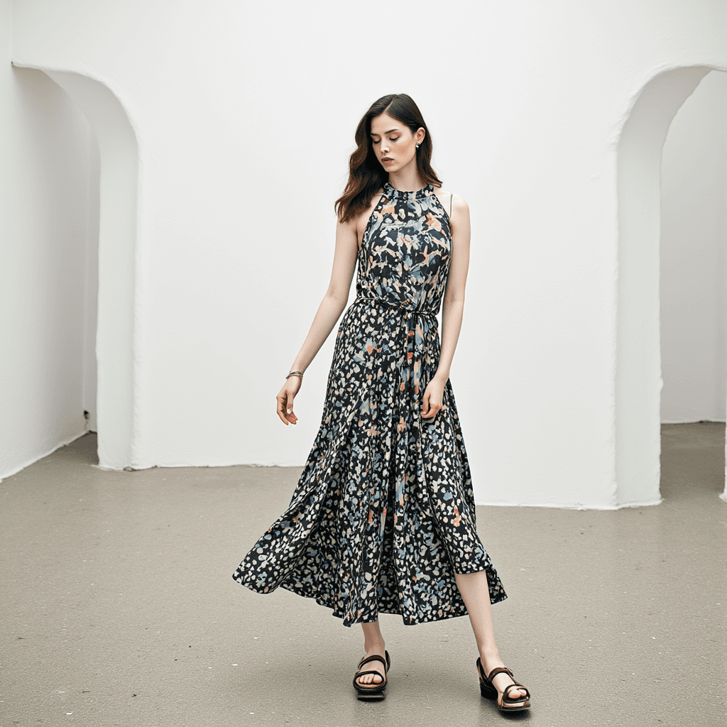 Model wearing Elliatt Halther Maxi Dress Size Small in blue and peach floral print, available at Margaret’s Fine Consignments.