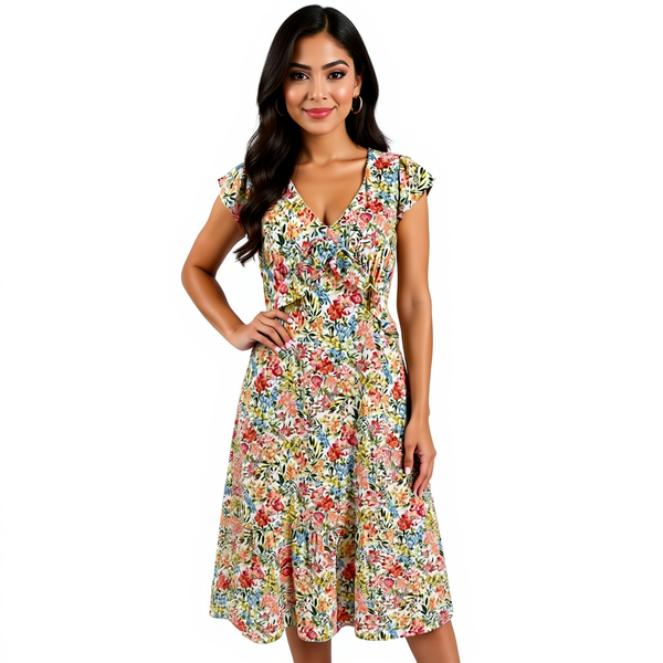 Collective Concepts White/Peach/Yellow/Blue Floral Pre-Owned Dress - Size Small