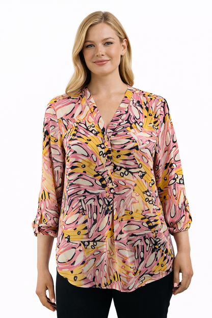 JM Collection Pink/Yellow Print Pre-Owned Ladies Top -  Size Medium Petite