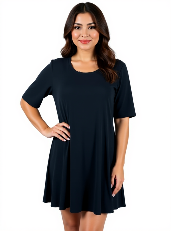 C&C California navy solid pre-owned ladies dress in size medium, modeled to show its casual swing A-line fit and short sleeves.